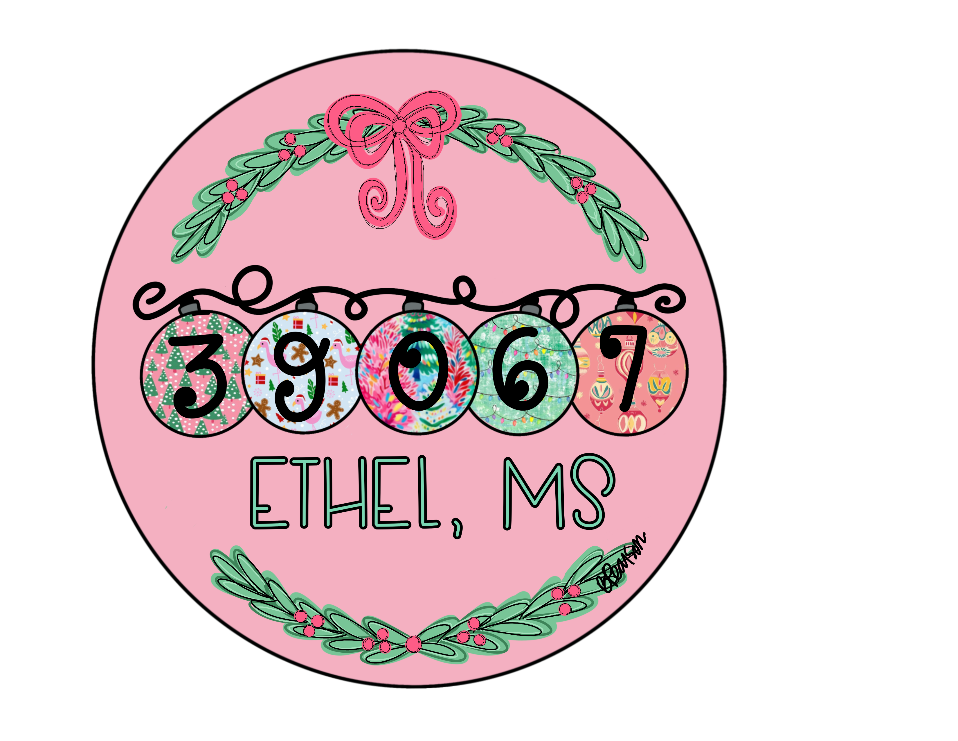 Pink Ethel Zip code Christmas ornament