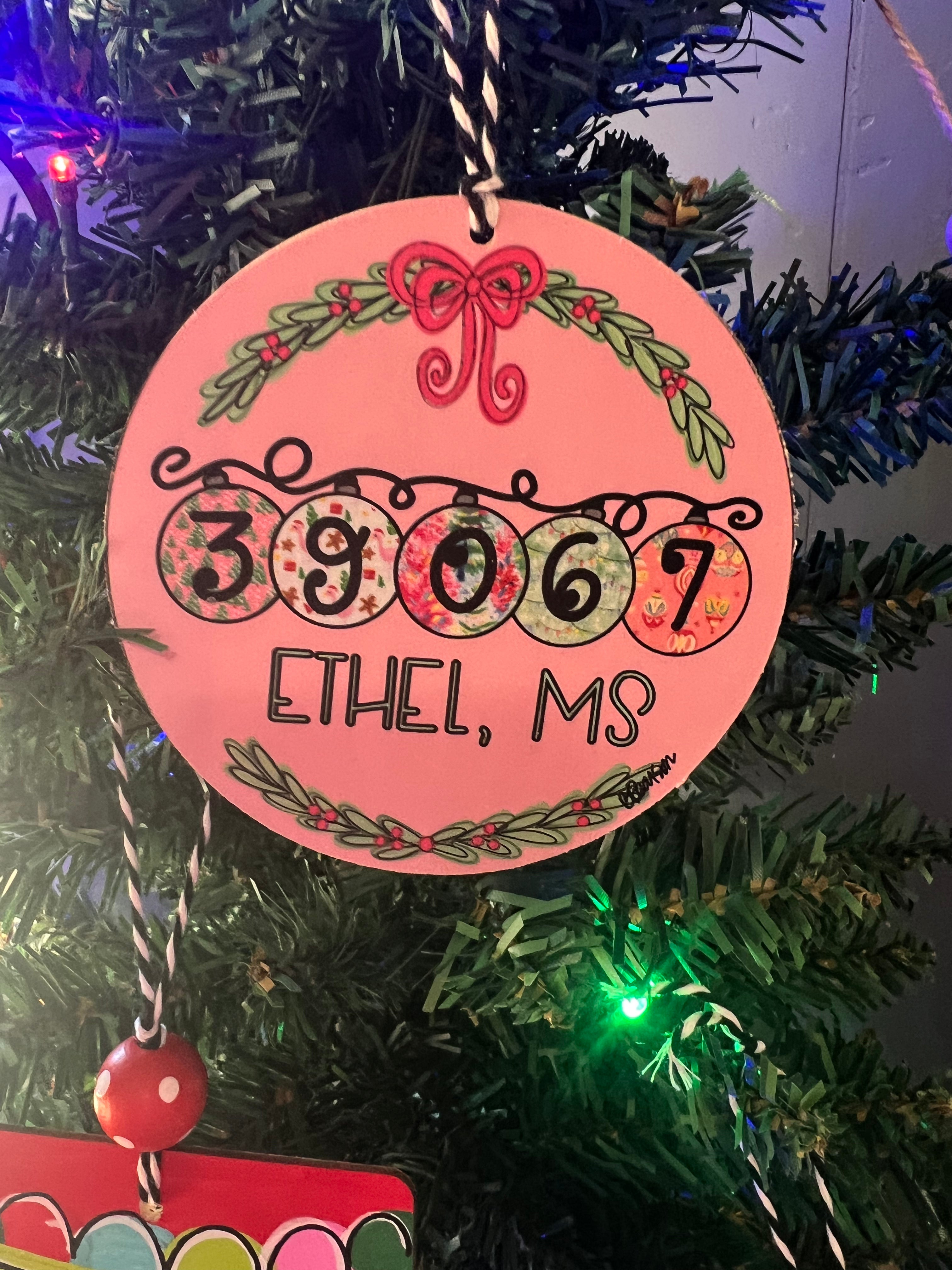 Pink Ethel Zip code Christmas ornament