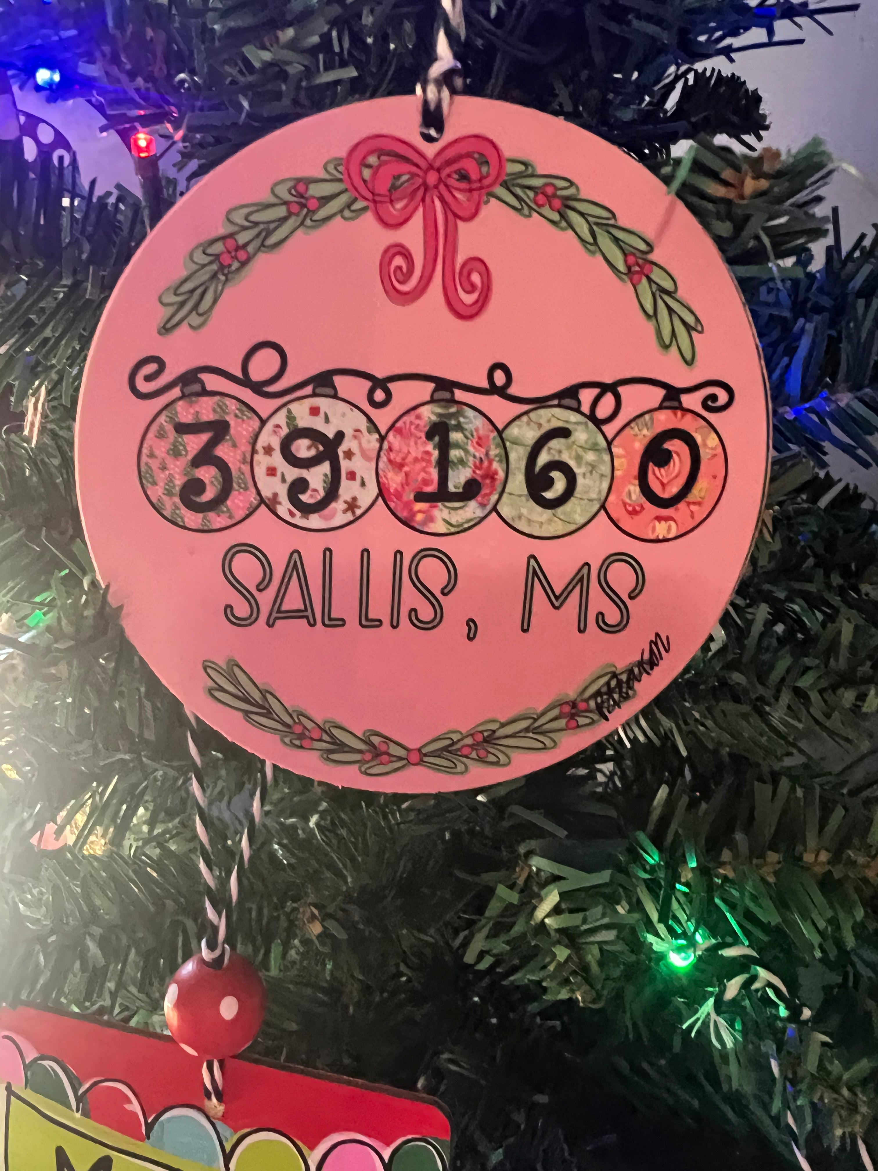 Pink Sallis Zip code Christmas ornament